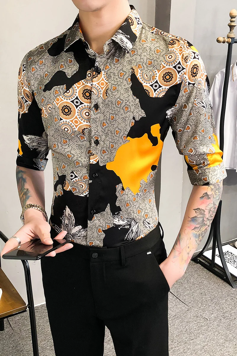 

Men's Shirts 2021 Spring High Quality Middle-sleeved Five-point Sleeves Slim Casual Printed Fashion Men's Wrinkle-free Shirt