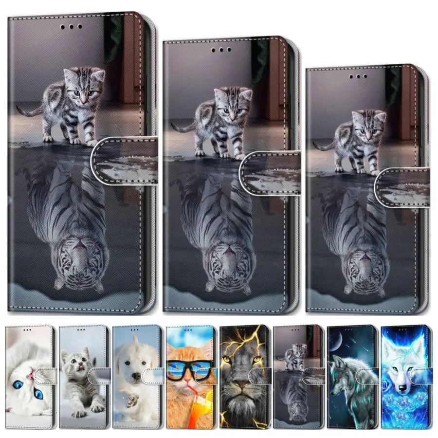 Симпатичный чехол книжка с котом Тигром и детьми для Samsung Note 10Pro S10 Lite S20 Plus J400 J415 J610