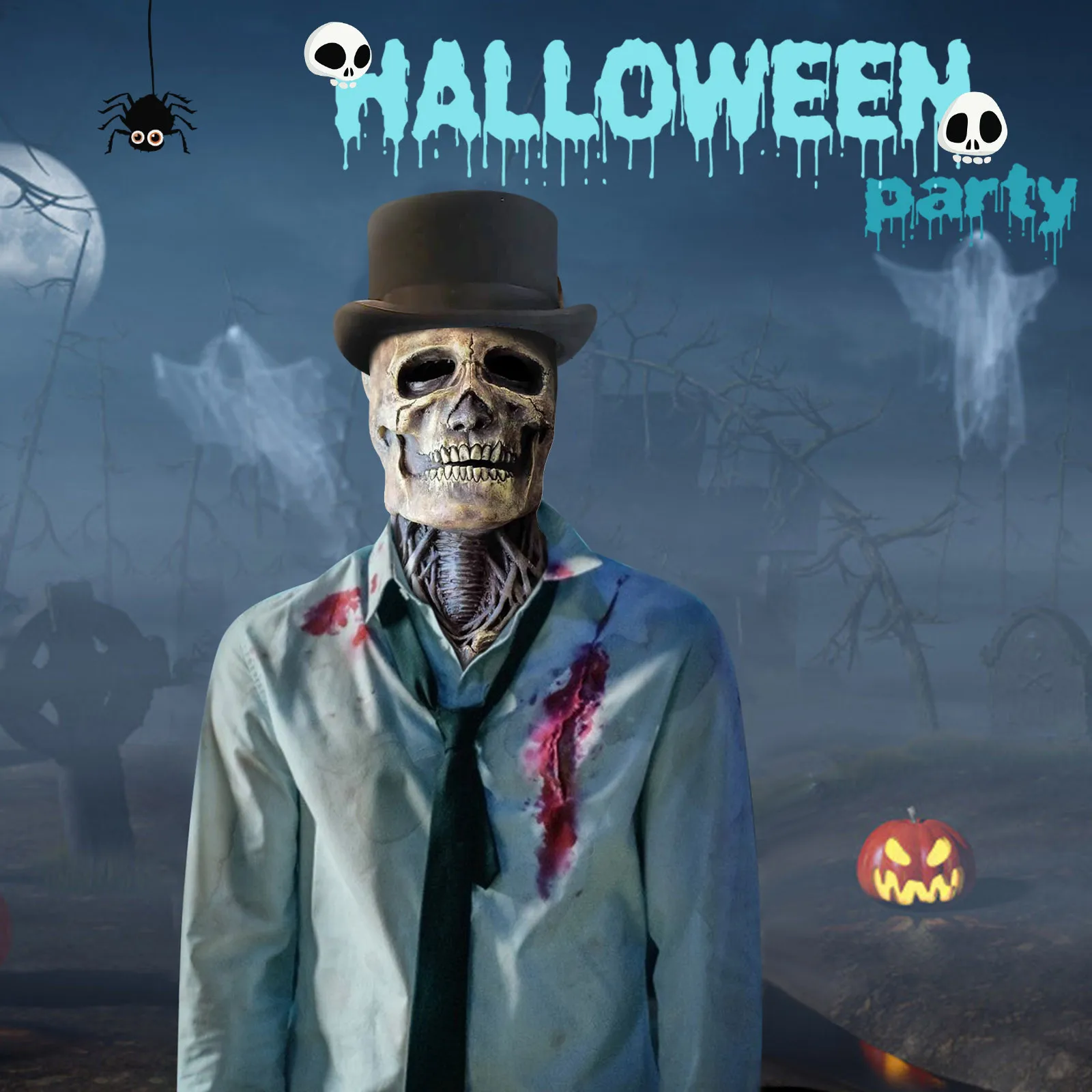 

The Latest Skeleton Biochemical Mask for 2021 Wearing Hat Halloween Cosplay Horror Skull Mask Hat Can Be Removed Decoration Toy