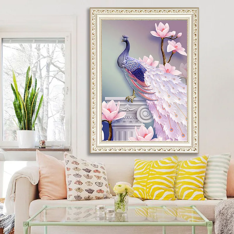Алмазная живопись 5D Павлин мозаика розового и фиолетового цветов с рисунком