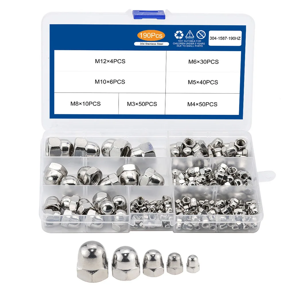 

190PCS/Box Acorn Nut M3 M4 M5 M6 M8 M10 M12 Stainless Steel Hexagon Dome Cap Nut Blind Nut Assortment Kit