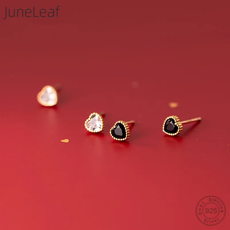 

JuneLeaf Mini Love Heart Black Zircon Small Stud Earrings For Women Teen Wedding Unique 925 Sterling Silver Sweet Jewelry