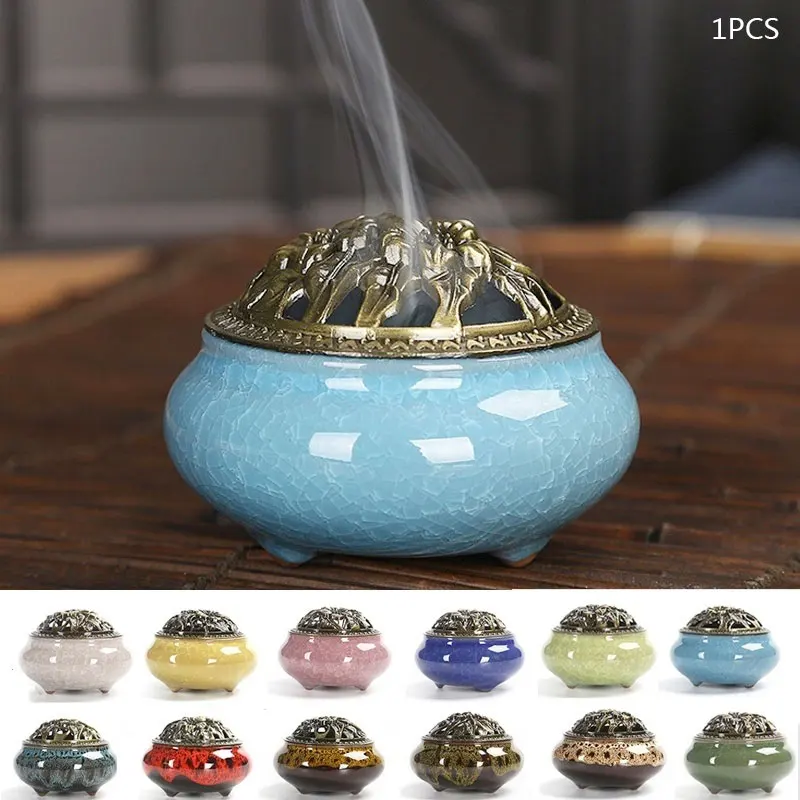 Porcelain Censer Sleep Aid Antique with Copper Cover Ceramic Buddhist Aromatherapy Diffuser Cone Sandalwood Incense Relax Yoga | Дом и сад