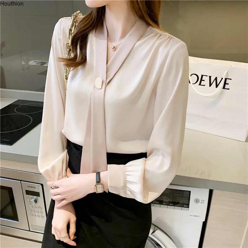 

Summer New Women's Blouses Polo Shirt Long Sleeve Tops Solid Color Blouse Bow Girl Satin Casual Fashion Lady Loose