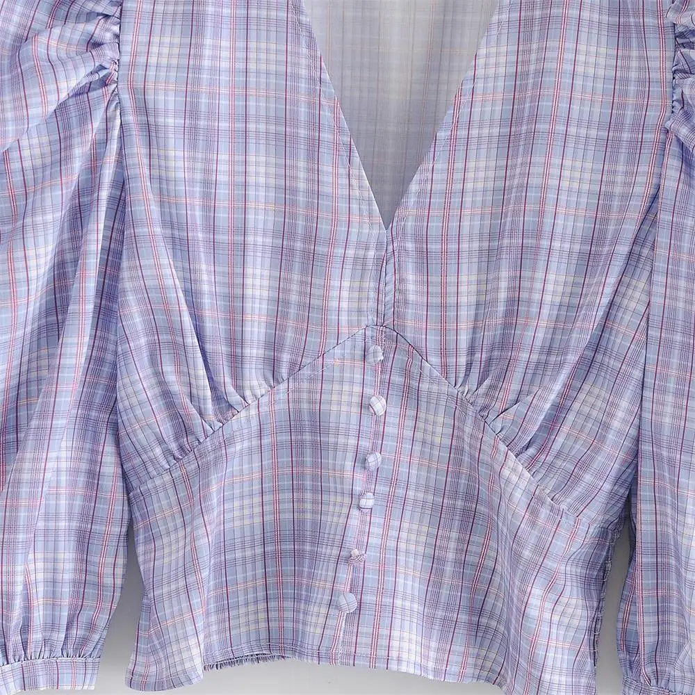 

2020 autumn new arrivals women's fashionable simple V-neck lantern sleeve plaid high waist short shirt