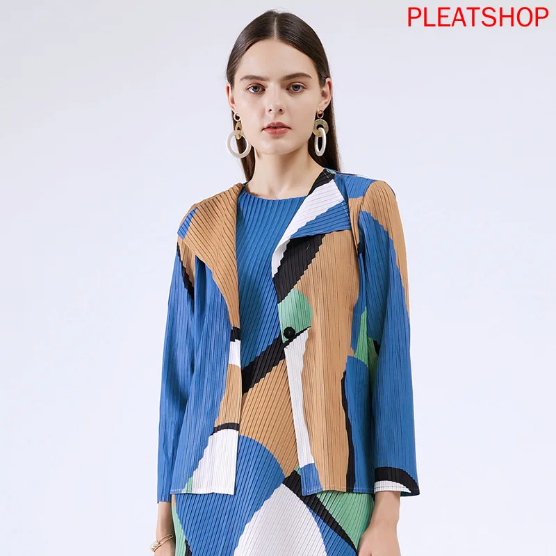 MIYAKE Pleated Autumn and Winter Elegant Fashion Geometry Pattern Printed Casual Slim-Fit Blue Long Sleeves Coat Women Veste