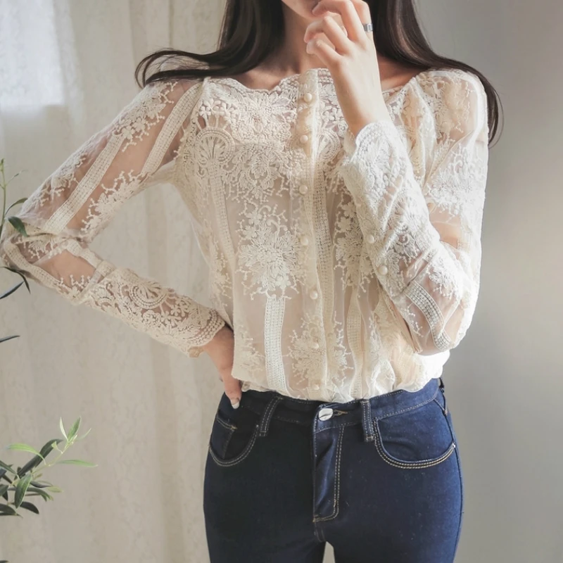 Женский кружевной топ с открытыми плечами Повседневная Блузка длинным рукавом