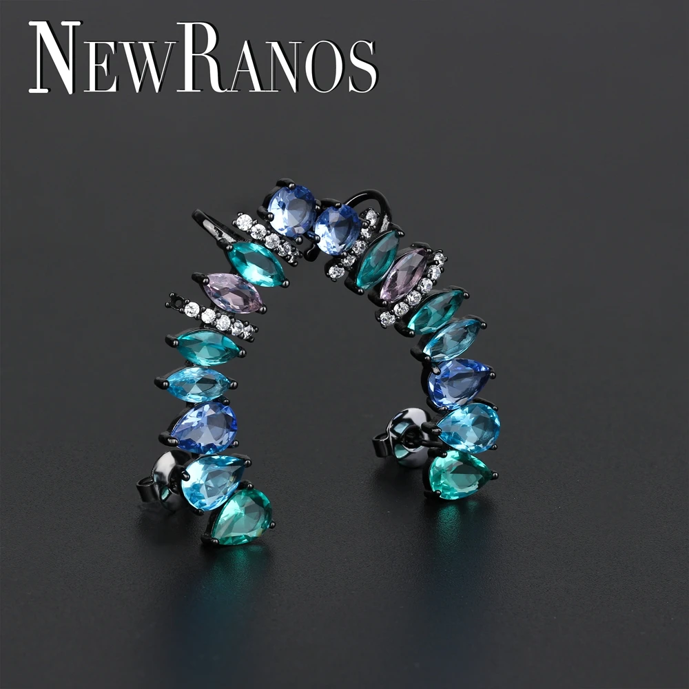 Newranos, Разноцветные серьги-гвоздики с кристаллами, CZ, клипсы на ухо, пирсинг для манжет, серьги для женщин, модное ювелирное изделие EFX002422