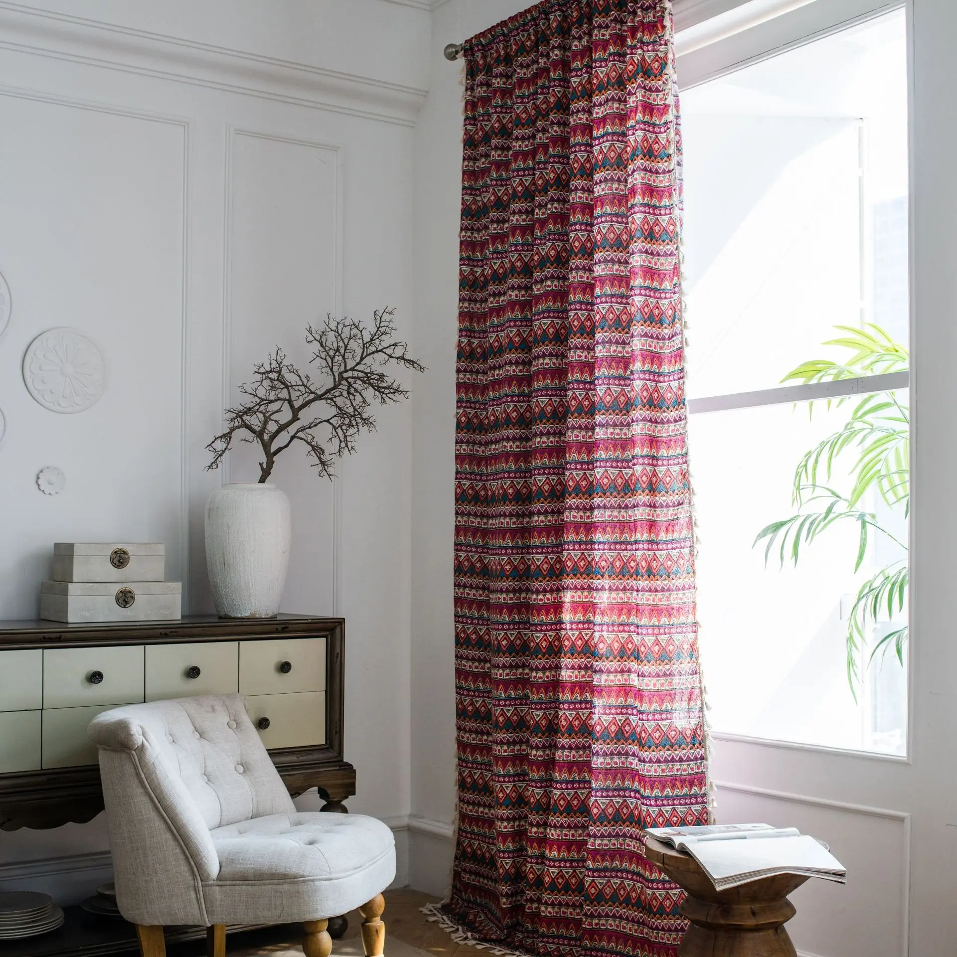 

Yaapeet 1pc Modern Bohemia Curtains Retro Tassel Window Curtains for Bedroom Cotton Linen Home Decor Retro Bohemia Window Drapes