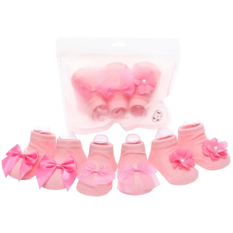 Style 2 Pink 3 пары/партия, кружевные носки с цветочным рисунком для новорожденных, хлопковые нескользящие детские носки для пола, носки с бантом для маленьких девочек, весенне-летние подарочные носки для девочек - Цвет: Style 2 Pink