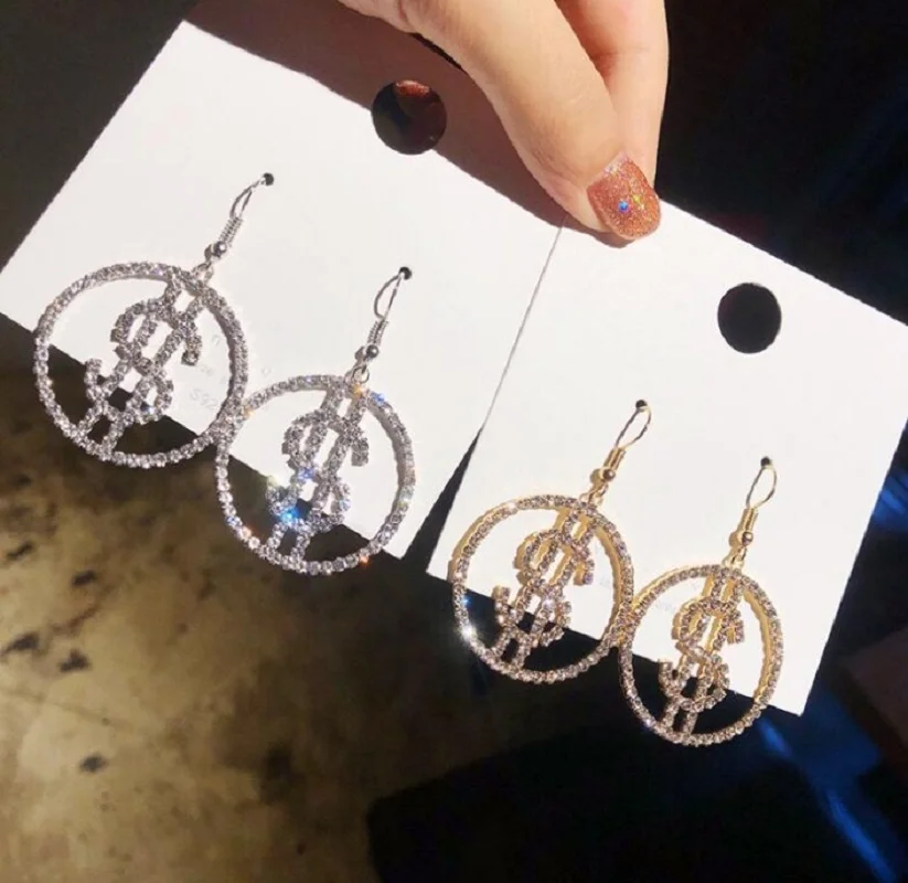 

Unique design USD currency women's Crystal Earrings geometric Round Earrings women's fashion luxury shining jewelry gifts