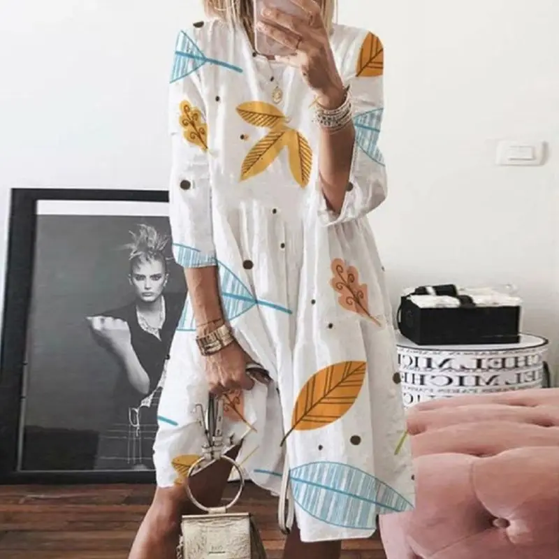 

Womens Summer 3/4 Sleeves Round Neck Dress Floral Printed Midi Long Swing Dress