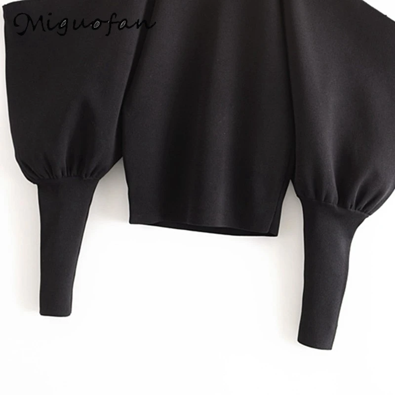 Женский вязаный свитер Черный Повседневный Свободный пуловер с рукавом летучая