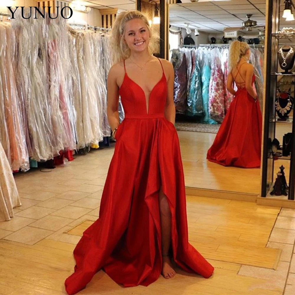 

YuNuo 2019 V-образный вырез трапециевидные вечерние платья с разрезом длинные элегантные красные вечерние платья N21