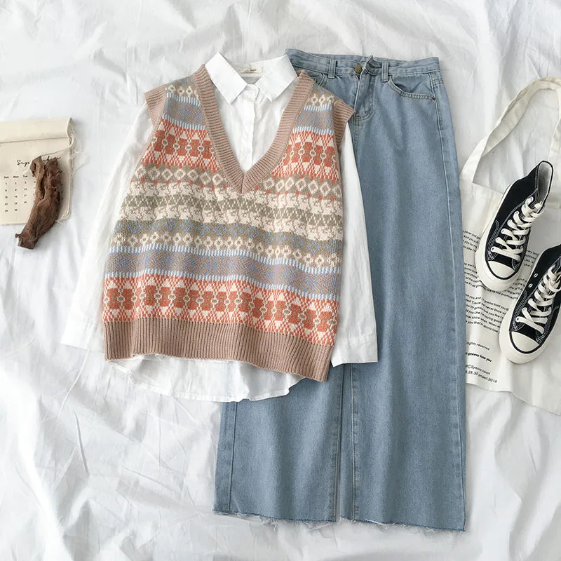 Модный свитер жилет и блузка костюм 2019 Новый женский корейский стиль