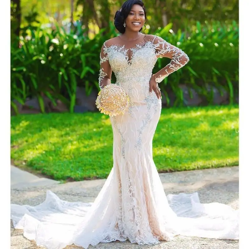 

Beaded Mermaid Wedding Dresses Lace Custom Made Sheer Neckliine Back Bridal Dress Gowns Beads Long Sleeves African Plus Size