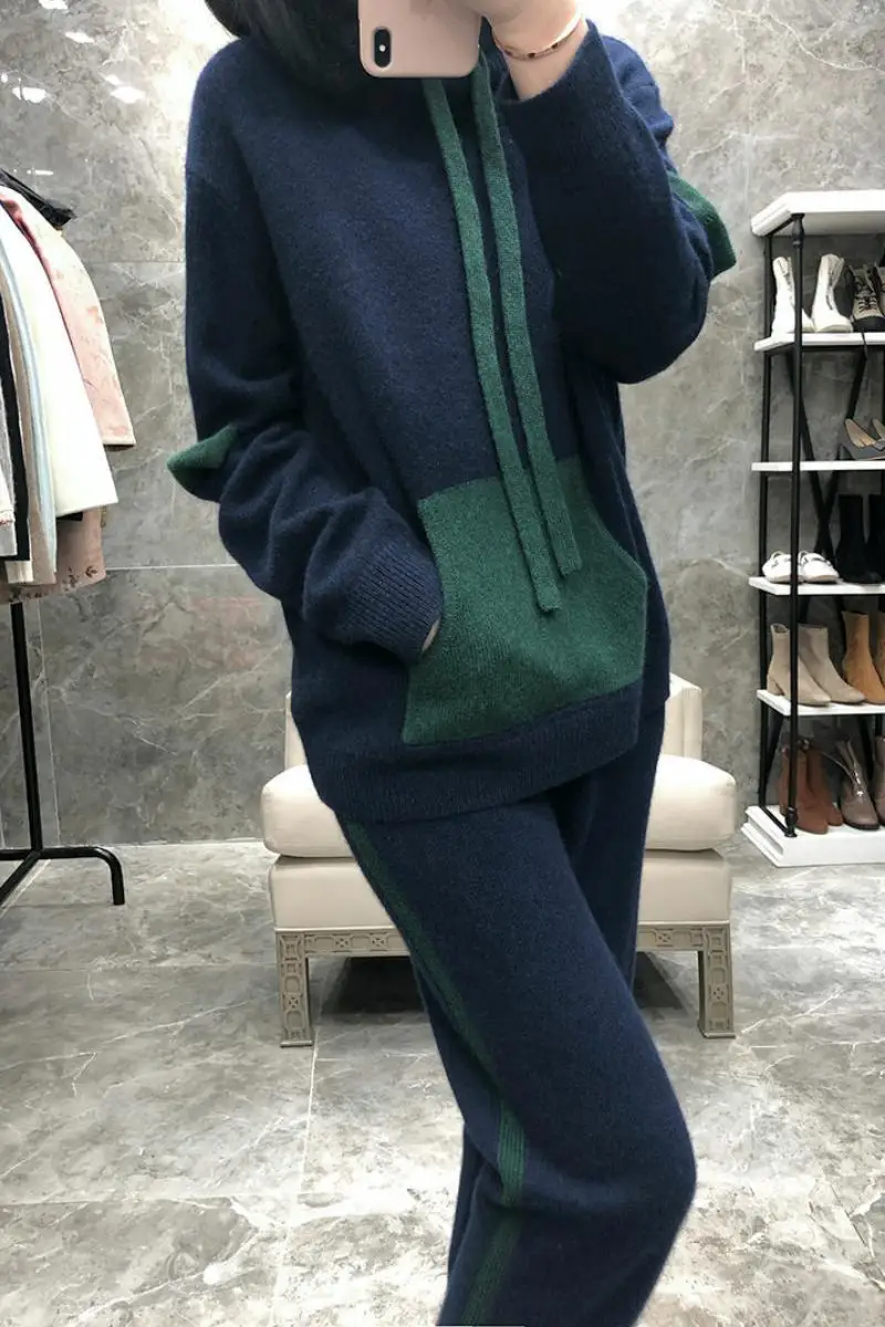 

2020 Top Fashion Elastic Waist Winter New Women's Suit Wool And Cashmere Hooded Knitted Sweater Pants Two-piece Casual Warm