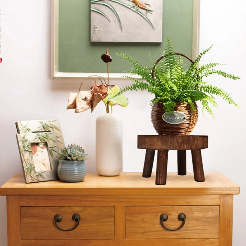

Solid Wood Round Bench Flower Pot Holder Plant and Succulent Flower Pot Base Display Stand Stool Home Garden Patio Decoration