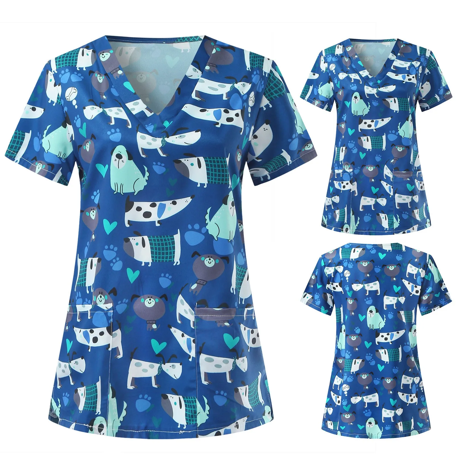 

Nurse Uniform Women Short Sleeve V-neck Cartoon Pattern Scrubs Tops Nursing Working Uniform Casual T-shirt медиинская одежда L*