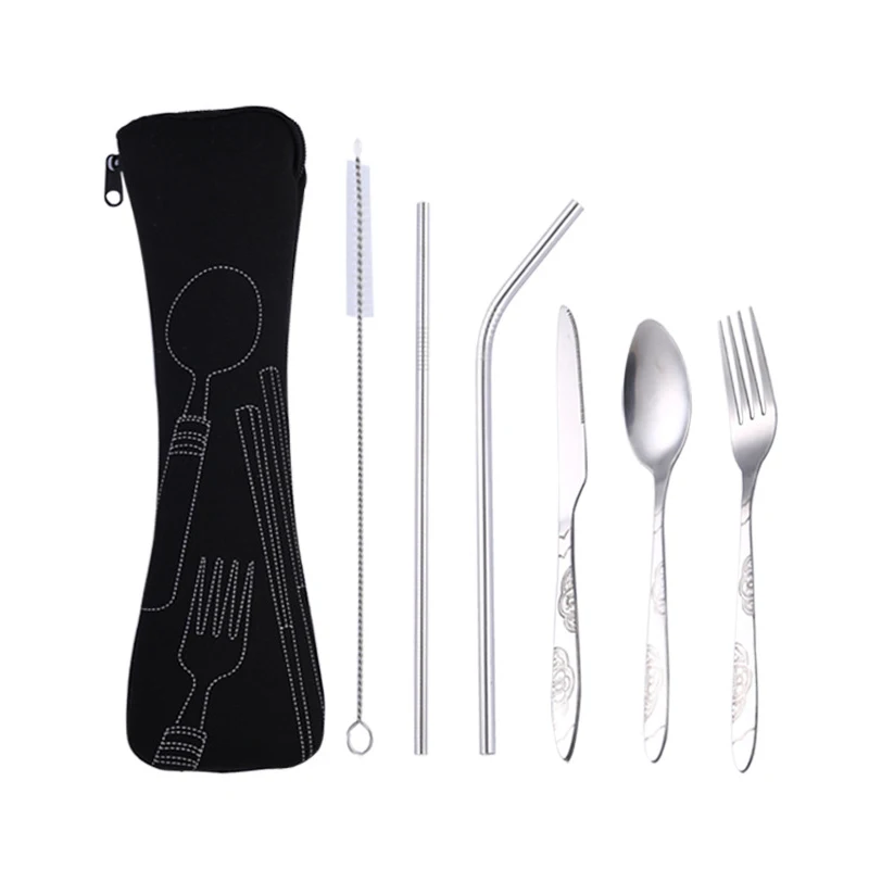 6pcs black Hifuar 3 шт./компл. Нержавеющая сталь набор посуды для располагаться лагерем перемещения столовый набор из вилок ужин посуда Чехол комплект с матерчатые мешки - Цвет: 6pcs black