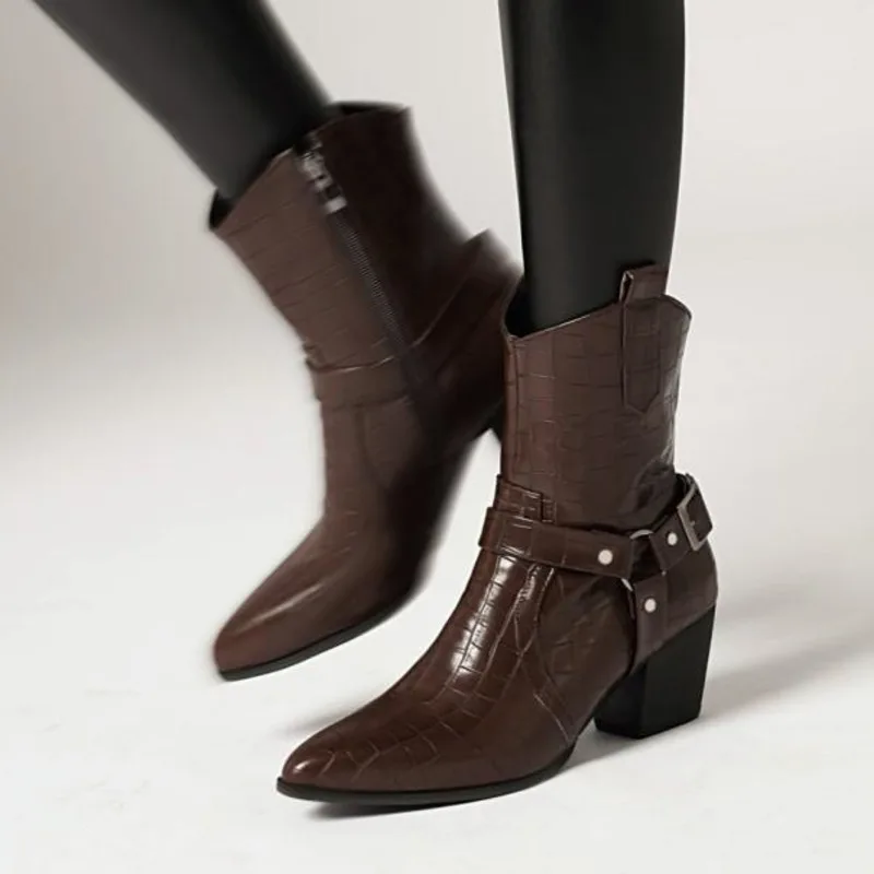 Женские и детские полуботинки, новинка 2021, женские Полуботинки на толстом каблуке, ковбойские полуботинки средней длины с острым носком, в з...