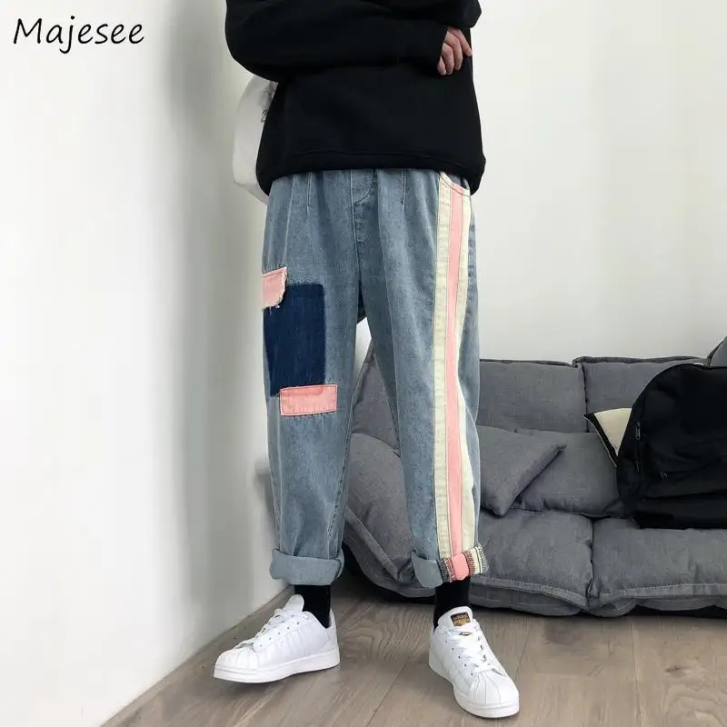 

Men Jeans Ankle-length Denim Patch Designs Panelled Hip-hop Korean Vintage Fashion Loose Streetwear Harajuku Mens Trouser New BF