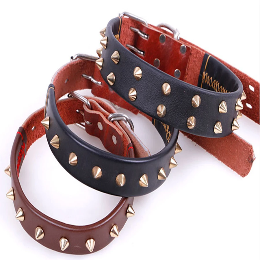 Ошейник из натуральной кожи с шипами черный поводок ошейник для домашних