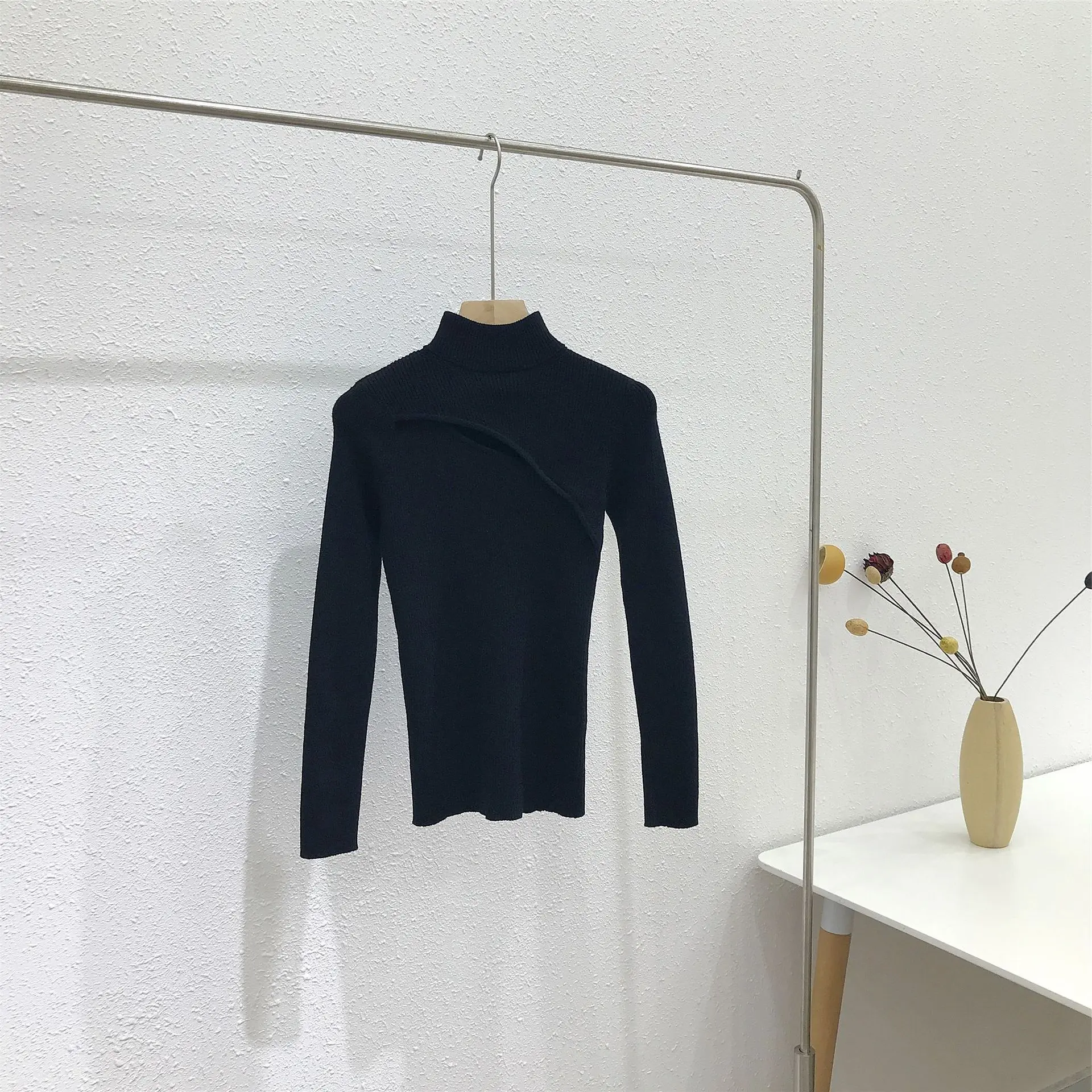 

TVVOVVIN Spring Sexy Black Half High Neck Long Sleeve Pullover Tops Hollow Out Knitted Slim Female Sweater 7KAC