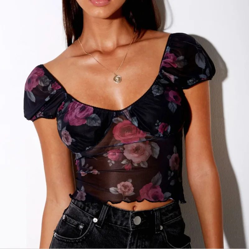 

Floral Mesh Elegant Tops Women Chic Slim Shirt Top Sexy Transparent Print V Neck Short Puff Sleeve Wild Exposed Navel T-Shirt