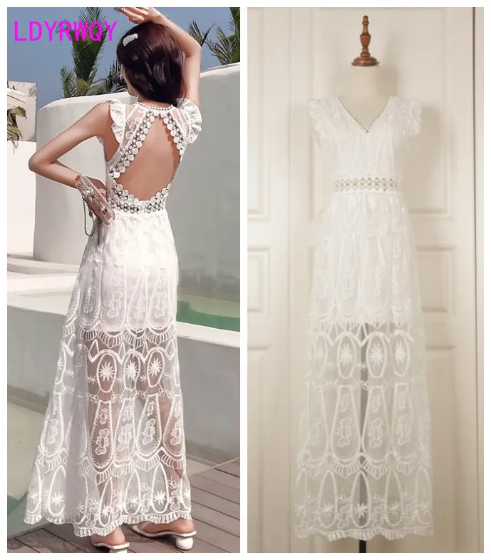 

[LDYRWQY] Beach vacation split open back lace cutout dress Sleeveless Knee-Length Natural V-Neck Polyester Office Lady