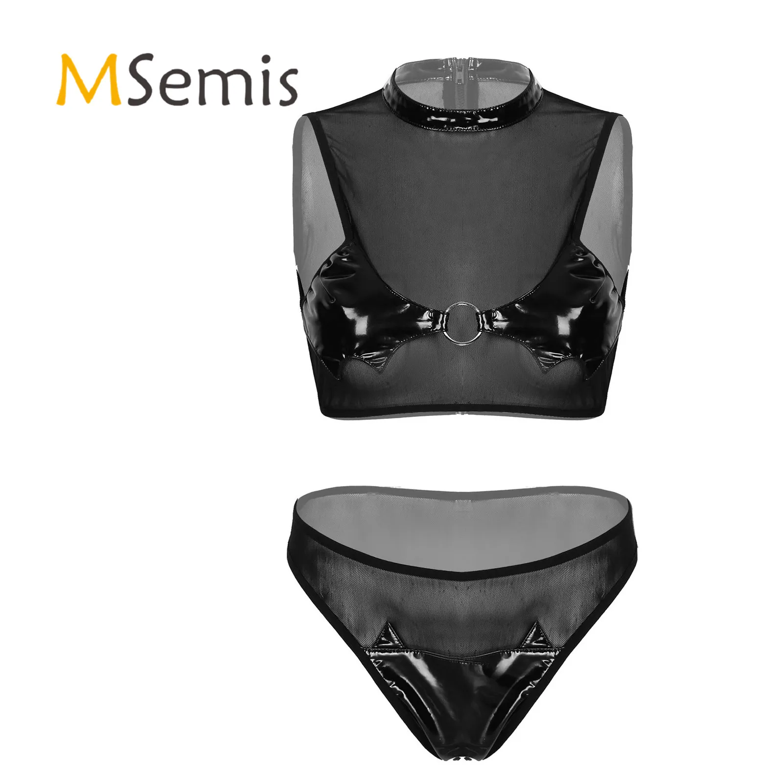Женское прозрачное Сетчатое нижнее белье костюм из лакированной кожи в стиле