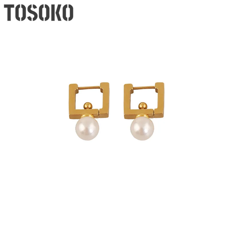 TOSOKO ювелирные изделия из нержавеющей стали жемчужные серьги маленькие квадратные жемчужные подвески Модные серьги для женщин BSF287