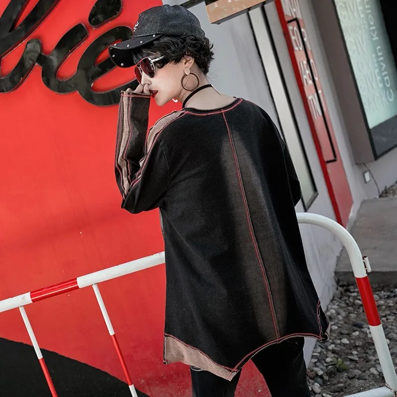 Женская джинсовая футболка в стиле панк с длинным рукавом и круглым вырезом |