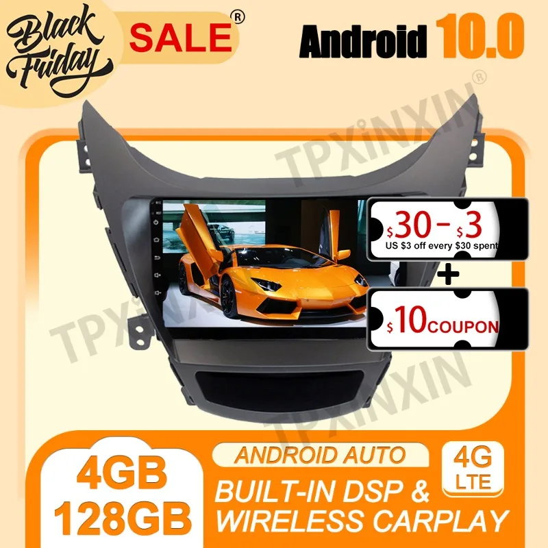 

4G+128G PX6 Android 10 Carplay For Hyundai Elantra 2011-2013 Multimedia Player Auto Radio Tape Recorder GPS Navigation Head Unit