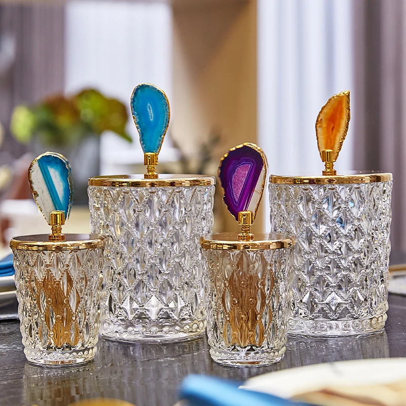 

Light luxury gold rim agate glass storage dried fruit jar living room coffee table cotton swab toothpick jar decor bowl