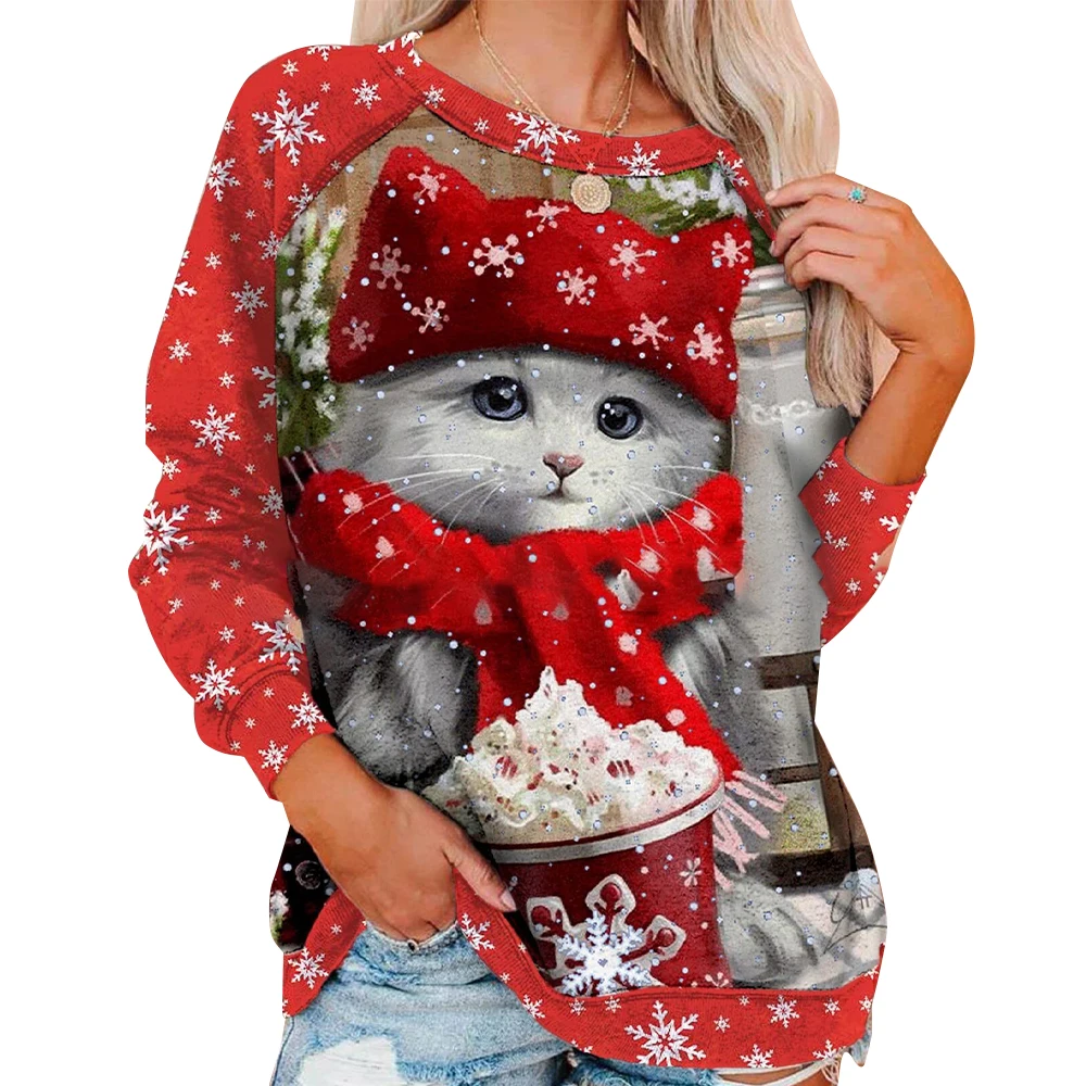 

Women Christmas Cartoon Cute Cat Print Casual Pullover Long Sleeve Female Clothing Autumn Winter Tshirts Fashion Round Neck Tops