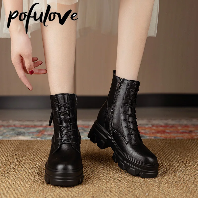 

Pofulove Women Boots Wedge High Heels Black Leather Boots Warm Fur Ankle Booties Height Increase Platform Shoes Winter Botas