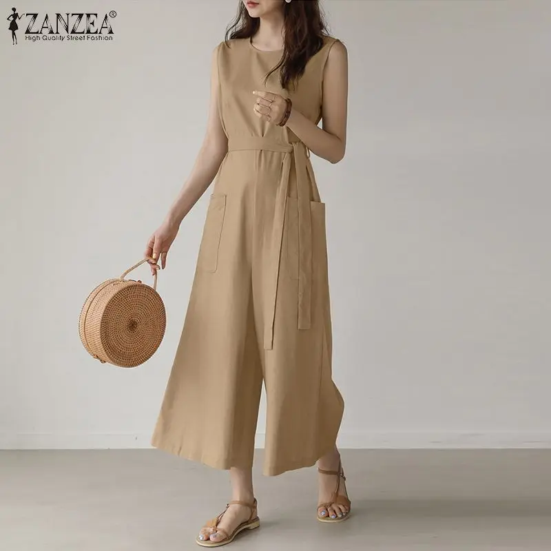 

ZANZEA 2022 Summer Pants Kaftan Women's Wide Leg Jumpsuits Sleeveless Playsuits Belted Overalls Female Casual Turnip Oversized