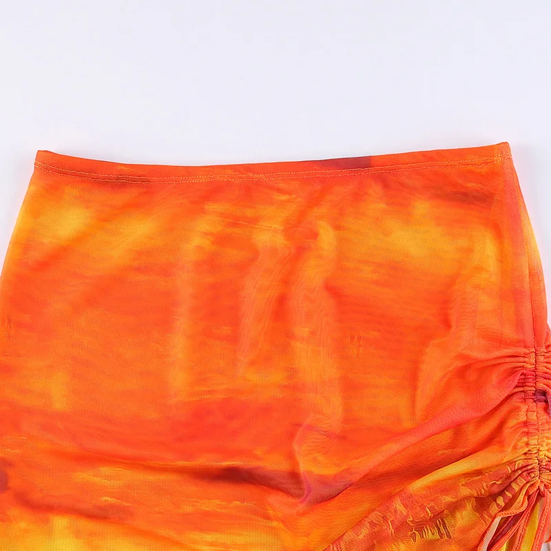

Mesh Flame Printed Skirts for Women 2021 Summer Women's Cloth Irregular See Through Mini Skirt High Waist Orange Skirt Whosale