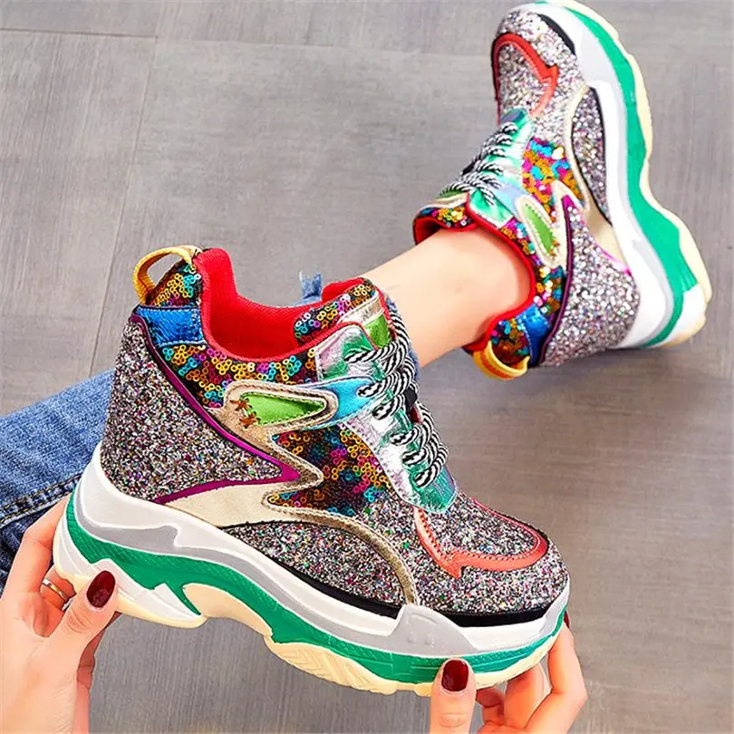 Casual Shoes Women Shiny Glitter Cow Leather Wedges High Heel Ankle Boots Female Round Toe Fashion Sneakers Platform Pumps Shoes