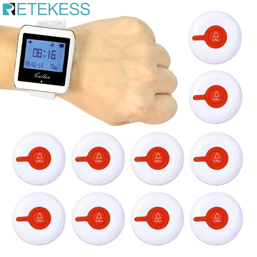 

RETEKESS Restaurant Pager Wireless Waiter Calling System Watch Receiver + 10 pcs TD009 Call Buttons For Cafe Customer Service