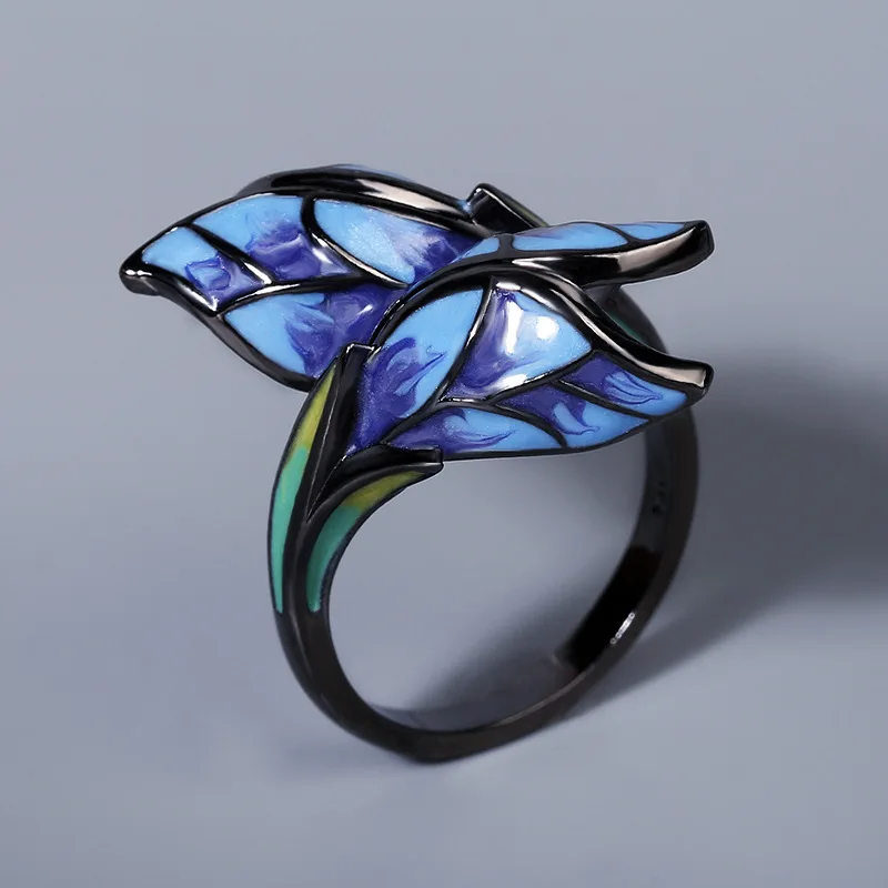 

CIZEVA Handmade Blue Enamel Flower Engagement Wedding Rings Women Elegant Bud Black Gold Finger Ring Jewelry