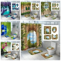 bath decor toilet cover mat nonslip rug sets 3d waterproof fabric polyester shower curtains set patio landscape flowers style