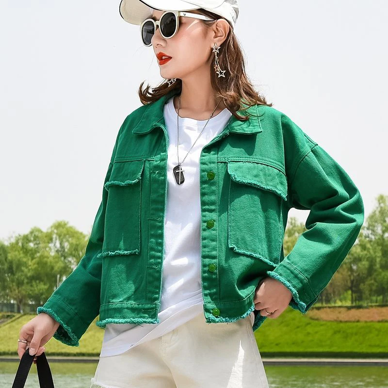 

Solid Short Denim Jacket For Women Burrs Candy Color Loose Cropped Jean Coat Female Spring korean style Casual Outwear Tops