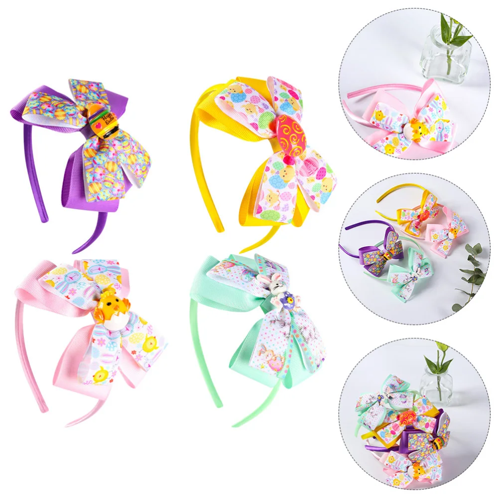 

1 Set 4 Pcs Easter Egg Rabbit Printed Bowknot Hairbands Kids Rabbit Headwear Party Decors (Assorted Color)