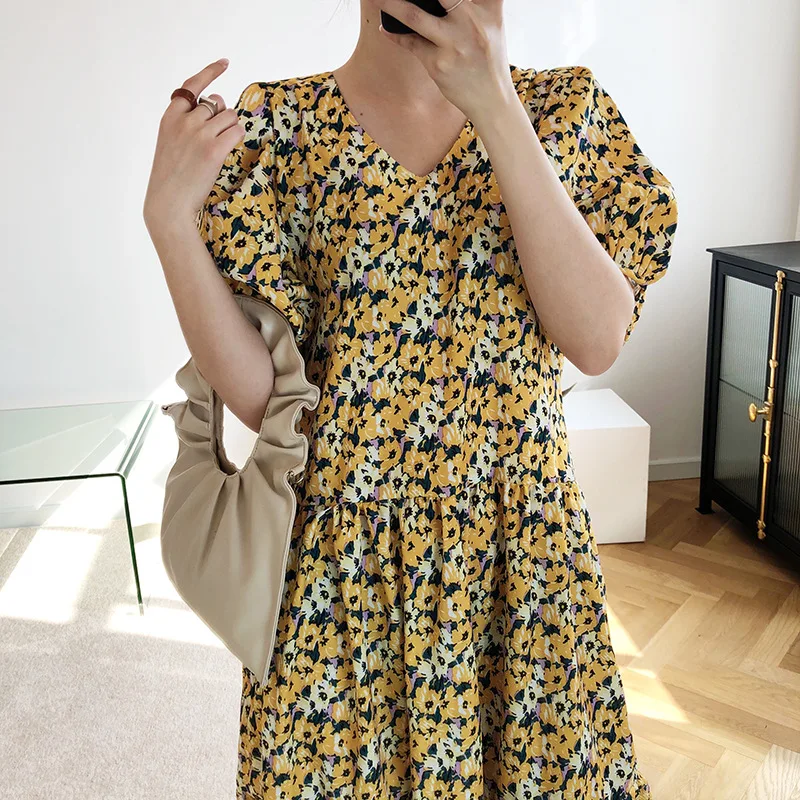 

V Neck Short Sleeve Sweet Fresh Print Dress for Women Korean Style Chic Loose Casual All Match Vestidos Simple Elegant Sundress