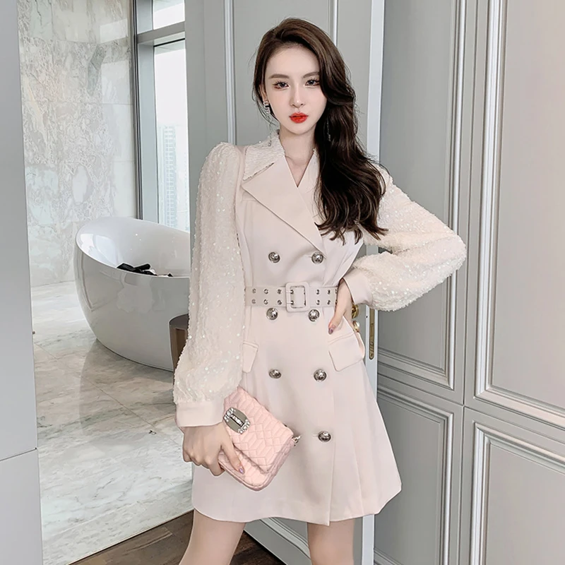 

Fashion Korean Women OL Vintage Notched Neck Suit Mini Dress Temperament Double breasted Sequins Belt Blazer Short Female Dress