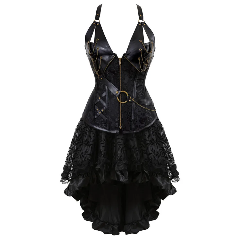 

Steampunk Corset Dress Gothic Bustier Pirate Costume Sexy PU Leather Corset Bustier Lingerie Top With Asymmetric Lace Skirt Set