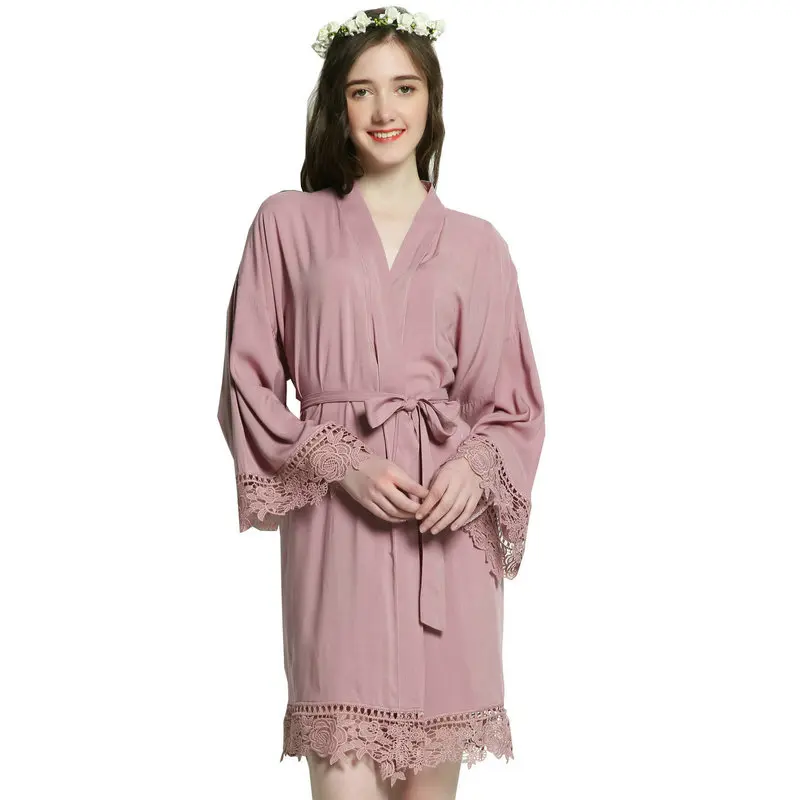 YUXINBRIDAL, свадебное однотонное кимоно из вискозы и хлопка с кружевной отделкой, женский свадебный халат, короткий пояс, Халат