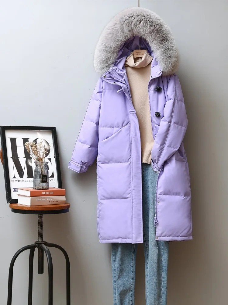 

2021 winter loose down jacket mid-length over-the-knee thick large fur collar ladies jacket